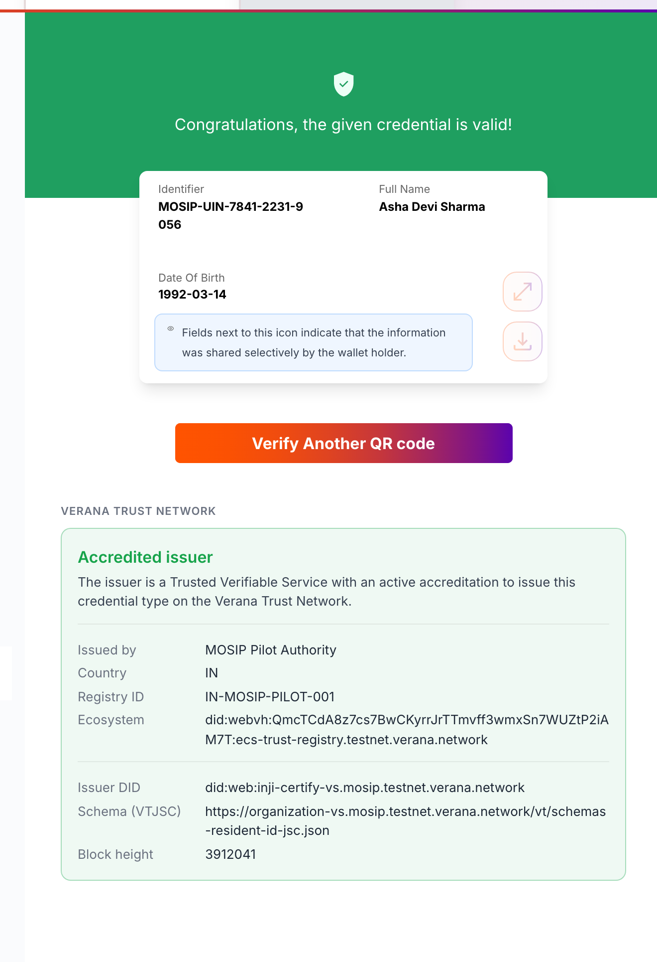 Inji Verify showing the Verana Accredited issuer panel